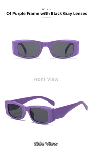 Detailed front and side views of vintage purple rectangle frame sunglasses with dark lenses