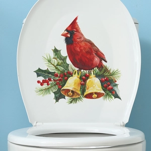 Christmas cardinal and gold bells toilet decal sticker on pine branches decoration