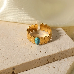 Adjustable 18K gold stainless steel open ring with oval turquoise on stone and silk
