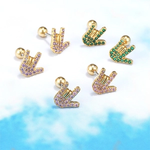 Star and moon themed gesture earrings with purple and green zircon stones in gold plating
