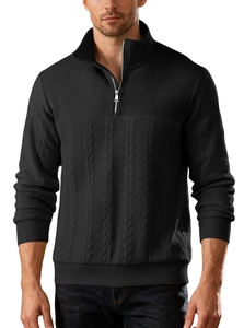 Detail of cable knit texture and metal zipper on black quarter-zip pullover sweater