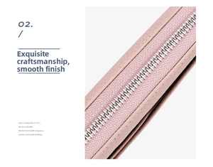 Detailed macro view of silver metal zipper on pink lychee grain leather wallet