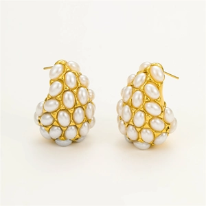 Vintage teardrop pearl stud earrings in 18K gold plated cluster design for women
