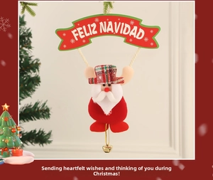 Plush Santa ornament with Feliz Navidad banner and gold bell for Christmas tree