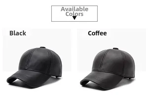 Detail view of leather baseball caps in black and brown with classic six-panel structure