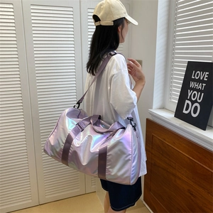 Holographic purple gradient travel bag with shoulder strap for fitness and weekend trips