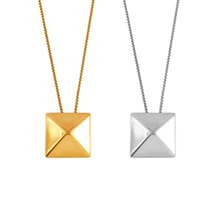 Minimalist square 3D pyramid pendant necklaces in gold and silver finishes on box chains