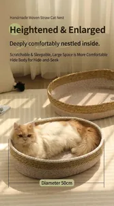 Dettaglio della cuccia per gatti in erba intrecciata a mano di 50 cm di diametro per dormire