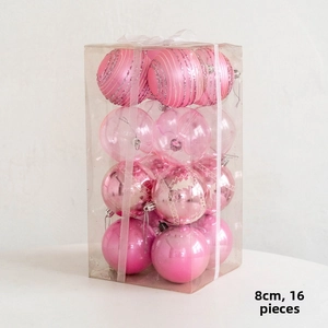 Detail of 8cm pink Christmas balls set with glitter and matte finishes in a 16pcs box