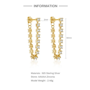 Detailed view of S925 sterling silver tassel earrings with dimensions and specifications