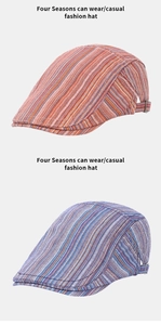 Détail d'un béret rétro rayé avec texture en lin et boucle métallique ajustable