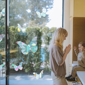 Rainbow prism butterfly window decals reflecting holographic colors on bright glass surface