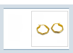 Detail of 27mm gold-plated stainless steel hexagonal earrings with inlaid rhinestones