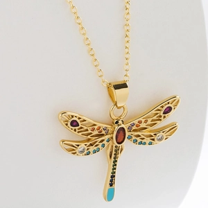 French style gold-plated dragonfly necklace with colorful zircon and hollow wings