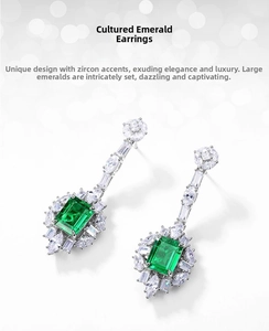 Macro shot of S925 silver emerald earrings with rectangular cut stones and white zircons