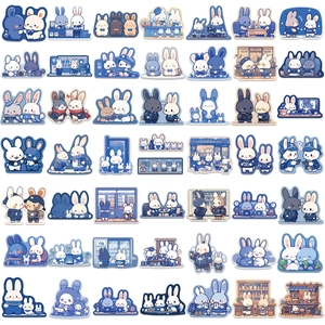 50 cute blue bunny stickers in various cartoon scenes for scrapbooking and laptops