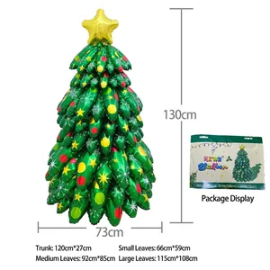 Detail view of a 130cm large assembly Christmas tree foil balloon with dimensions and packaging