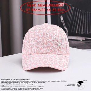 Pink sun hat with white flower lace and rhinestone detail, fits 57-58cm head size