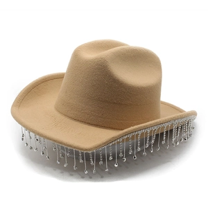 Cappello western da cowboy kaki con frange di strass e pietre a goccia per donne