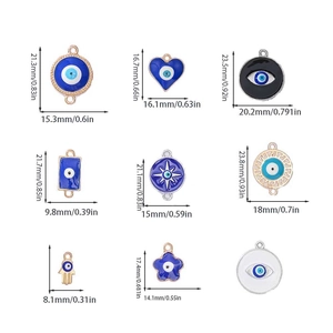Set of 9 assorted evil eye charms including Hamsa hand and heart shapes in gold plating