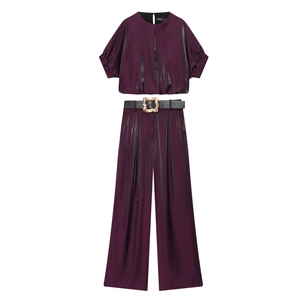 Damen Satin Metallic Kurzarm Oberteil Und Weite Hose Mit Gürtel Lässige Partykleidung Tiefviolett Outfit