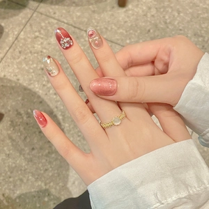 Pink cat eye and dark red press-on nails set with decorative 18K gold ring for women