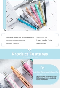 Detail view of colorful glitter metal ballpoint pens with dimensions 14.0 x 1.0cm