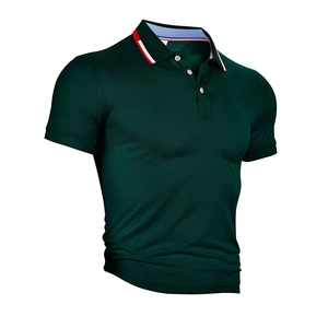 Detail of dark green polo shirt with red and white striped contrast collar on white background