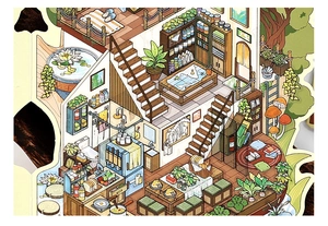 Detail of isometric 3D interior design stickers showing a cozy DIY home scene