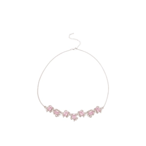 Pink zircon square flower pendant necklace set with silver chain on white background