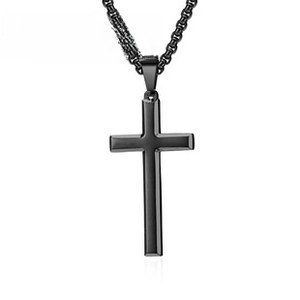Detail of matte black stainless steel cross pendant with matching beaded chain necklace