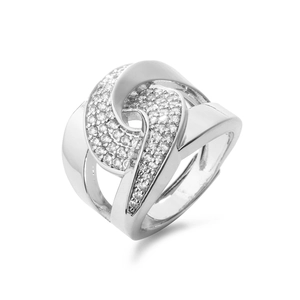 Detailed view of silver-tone crisscross open ring with micro-pave white cubic zirconia