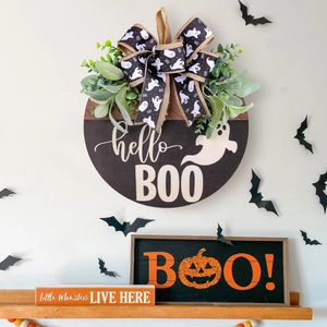 Halloween Ghost Hello Boo Wooden Round Door Sign Hanging Decoration With Ribbon Bow Faux Plants