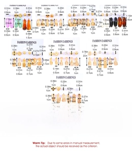 Detailed size guide for 8-piece resin earring set with diameter and length in cm and inches
