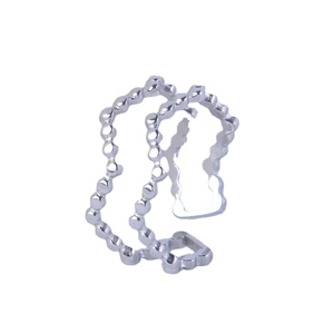 Minimalist silver beaded double layer open ring in stainless steel for women