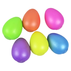 Detailed view of six colorful translucent plastic stress eggs in vibrant assorted shades