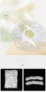 Detailed view of elastic disposable food covers with folded and expanded plastic wraps