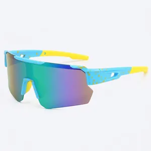 Gafas de ciclismo deportivas azules con lentes arcoíris y protección UV