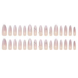 Cat eye almond press-on nails with purple gradient, glitter, and rhinestone accents
