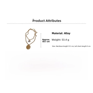 Detail view of 2-layer evil eye and hammer pattern gold coin necklace with measurements