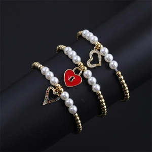 Heart Charm Bracelet Women Copper Bead Imitation Artificial Pearl Enamel Zircon Micro Inlaid Elastic Jewelry Fashion Gift