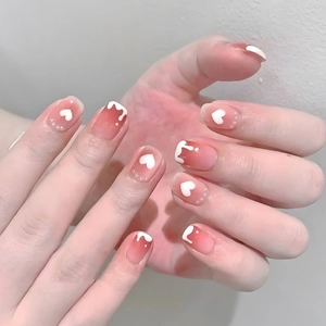 Heart Pattern Press On Nails Blush Pink Gradient Artificial Pearl Decor Cream Drip Plastic Short Round For Women