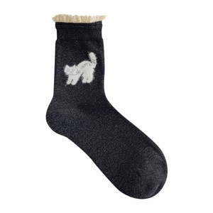 Cute dark gray knit mid-calf socks with white lace trim and flocked cat pattern
