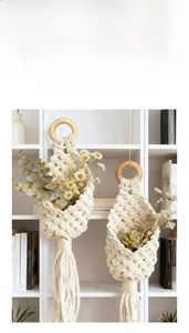 Detail of hand-woven cotton macrame hanging basket with wooden ring and elegant tassels