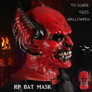 Scary red Halloween bat latex mask with large ears and fangs for cosplay party costume