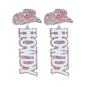 Colorful glitter acrylic cowboy hat earrings with vertical Howdy letter drop design