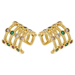 Multilayer gold ear cuff with colorful gemstones and sparkling rhinestones for women