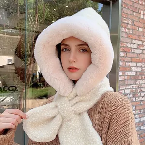 Winter Integrated Hooded Scarf Hat Plush Thickened Warm Windproof Polka Dot Sweet Outdoor For Women