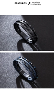 Detail of men's multi-layer leather braid bracelet with tiger eye and volcanic stone beads