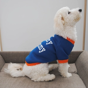 Detail of blue dog fleece hoodie with orange trim and my mummy printed text on the back